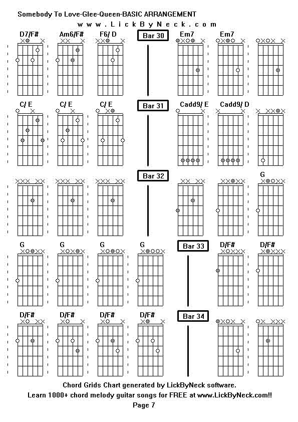 Chord Grids Chart of chord melody fingerstyle guitar song-Somebody To Love-Glee-Queen-BASIC ARRANGEMENT,generated by LickByNeck software.